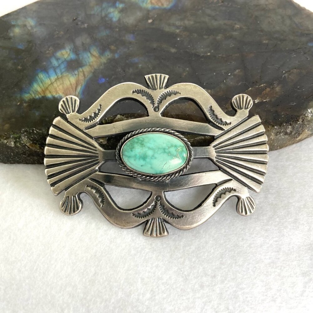 VTG Sterling Silver 925 2.5" Sandcast Navajo Stamped Kingman Turquoise Brooch